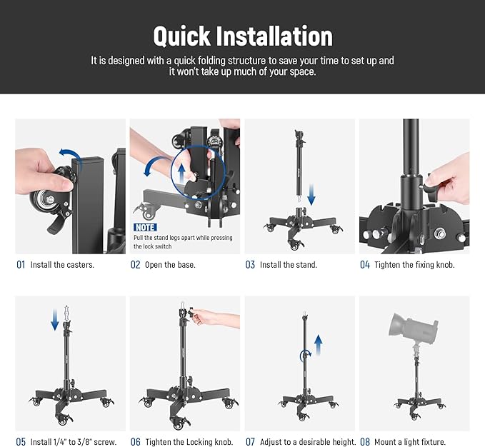 NEEWER Pack of 2 Heavy Duty Light Stands with Wheels, 2.4 Feet Max. Height, Foldable Tripod Stand for Low Angle Shooting, Light Stand for Softbox, Monolight and Other Photography Equipment, ST72