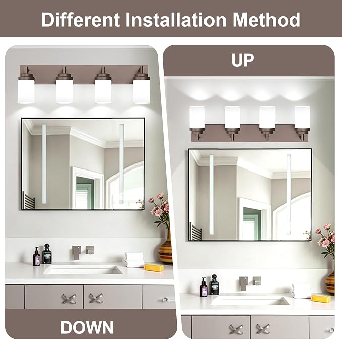 Bathroom Light Fixtures, Oil Rubbed Bronze Bathroom Lighting Fixtures Over Mirror, Modern Vanity Light with White Glass Shade, Restroom Lighting Fixtures, 4-Light 30-inch