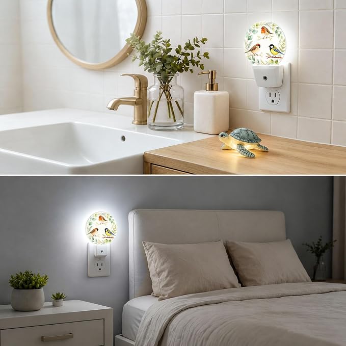 Nightlight Retro Vintage Bird Night Lights Plug Into Wall Auto Sensor | Three Birds Green Leaves Night Light Auto Led Sleep Round Lamp for Living Room Hallway Stairs