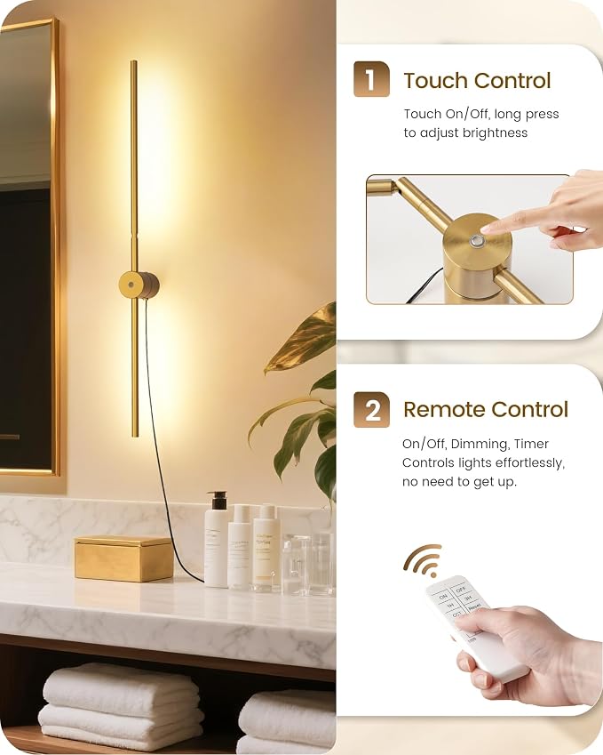 33" Wall Sconces Set of 2 with Remote Control, Dimming & 3 Color Temperatures, Plug-in Gold Wall Lights for Bedroom, Living Room, Adjustable Brightness & Rotatable Lamp Post, D09YBP205