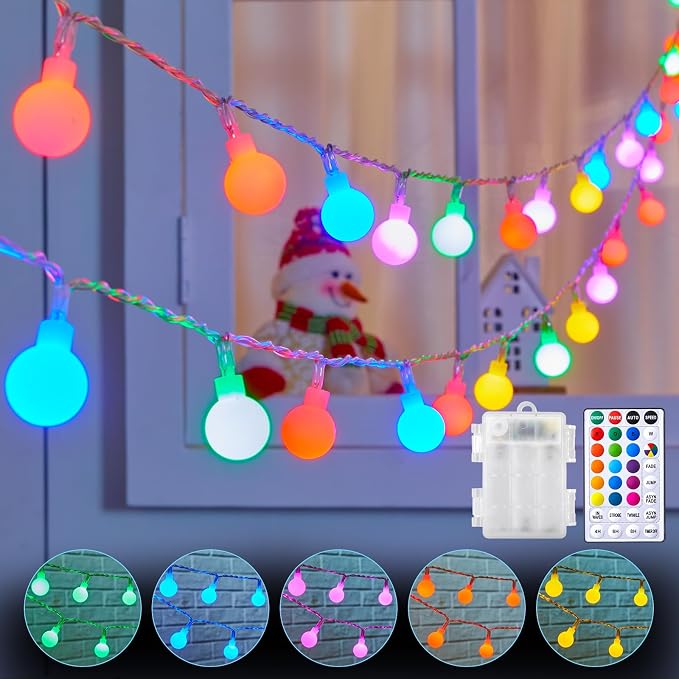 Minetom RGB Globe String Lights - 21FT 60LED Battery Operated with Remote, 20+ Color Modes & Timer, Fairy Lights for Bedroom, Living Room, Classroom, Dorm & Birthday Parties