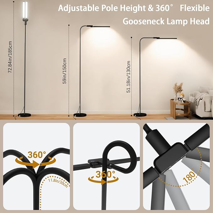 LED Floor Lamp, 24W Dual Head Dimmable Standing Lamp with Remote & Touch Control, Adjustable Gooseneck, 3000K-6500K Modern Reading Lamp for Living Room, Bedroom, Office & Crafts