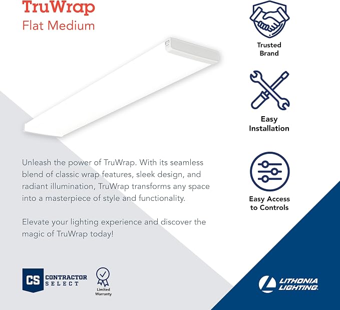 Lithonia Lighting 4' Wraparound LED Shop Light, Adj Brightness, 3-in-1 CCT | TruWrap 4-Foot Low-Profile LED Ceiling Light Fixture, Adjustable Lumens, 3000K/4000K/5000K CCT, Flat Diffuser, Medium Width