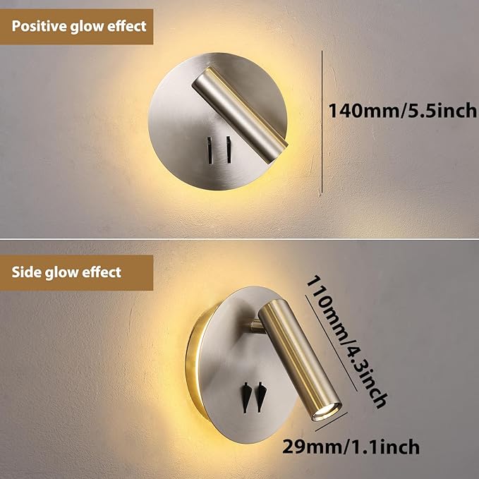 Round Wall Mount Reading Light for Bed Bedside, Modern Hardwired Sconce with on off Switch for Bedroom, Brushed Nickel Wall Sconce Mounted Beside Reading Lamp, Decorative Wall Night light (Silver)
