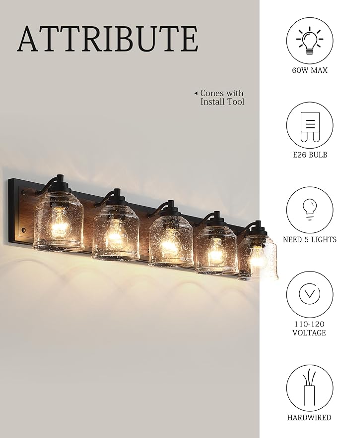 Vanity Lights for Bathroom Large 40", Farmhouse Rustic Vanity Light with Bubble Glass Shades, Brown 5 Light Bathroom Lighting Fixtures Over Mirror, Bath Wall Sconce Home Decor