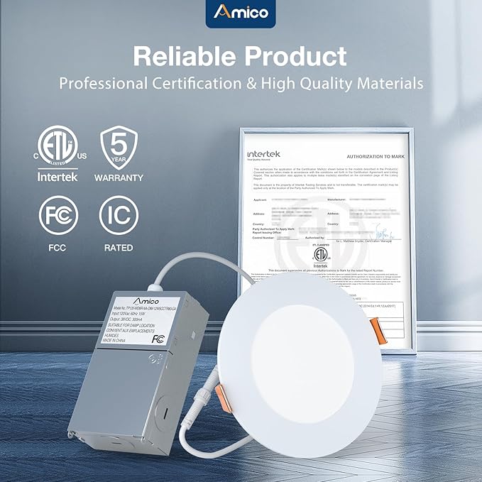 Amico 12 Pack 4 Inch 5CCT Ultra-Thin LED Recessed Dimmable Ceiling Light with Junction Box, 2700K/3000K/3500K/4000K/5000K Selectable, 10W Eqv 60W, 800Lumens, High Brightness Downlight - ETL&FCC
