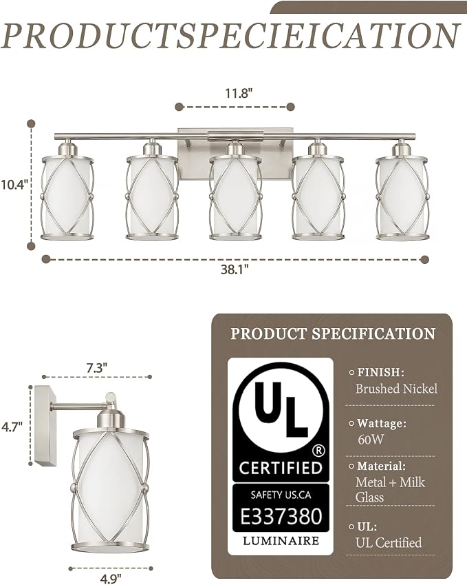 5-Light Brushed Gold Bathroom Light Fixtures Over Mirror, 42" UL-Listed Modern Wall Sconce Lights with Frosted Milk White Glass and Metal Cage for Bath, Hardwire E26, CH9176BNW-5W