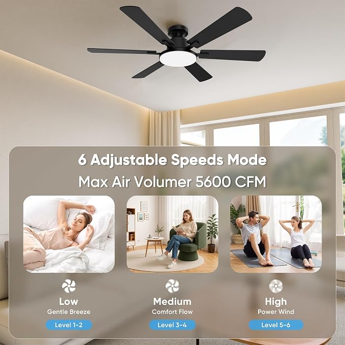 52'' Ceiling Fan with Light Remote/APP Control for Living Room | 6 Blades Dual-Finish, 6 Speeds, MAX 5600 CFM, 3CCT Dimmable LED, All Metal Body, Memory Function, Quiet Reversible DC Motor