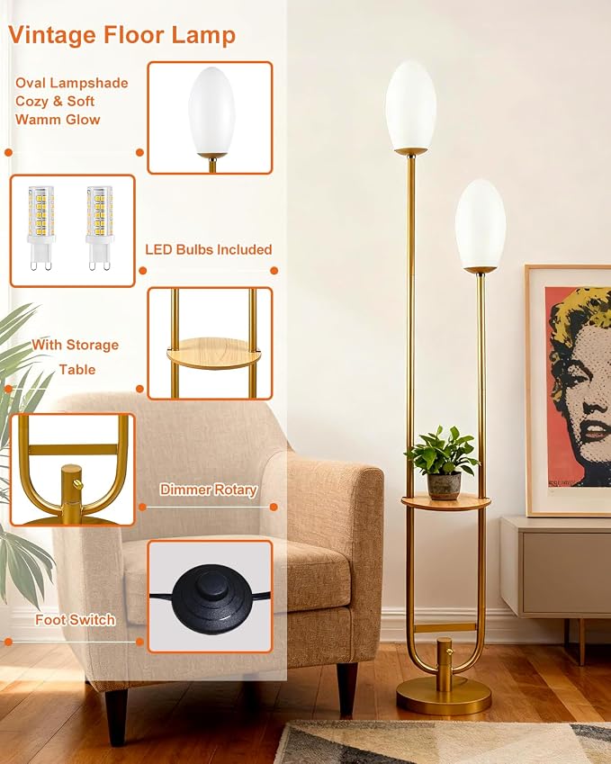 Lightdot Gold Dimmable Floor Lamp with Oval Bulbs Included Unique Tall Standing Lamps with Table Mid Century Modern Floor Lamp with 5Lbs Heavy Base for Living Room/Party/Sofa Beside/Corner Decor