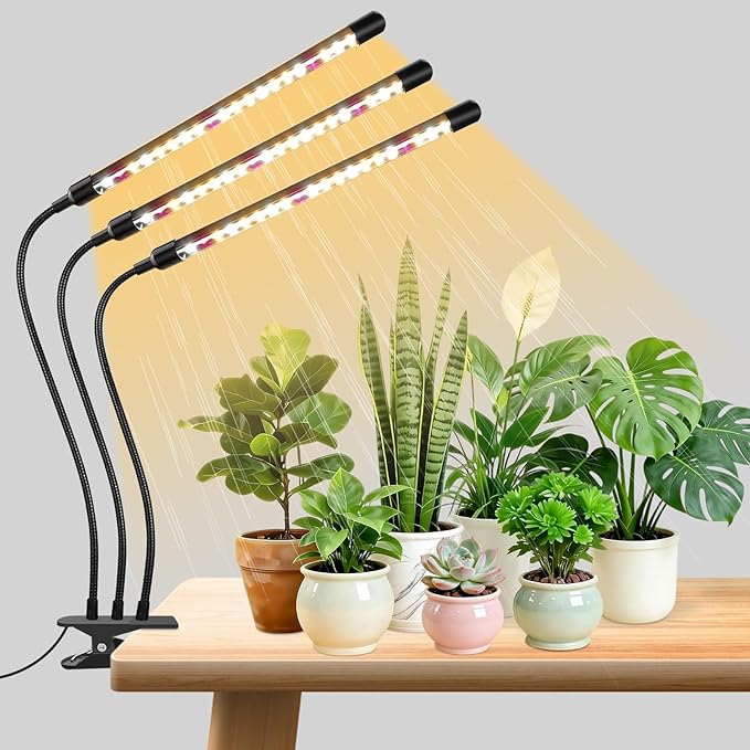 3head Plant Lights for Indoor Growing, Grow Light for Indoor Plants, Full Spectrum Growing Lamps with Clip, Auto ON & Off Timer 3/9/12H, 3 Switch Modes, 10-Level Dimmable Brightness