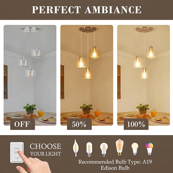 Brushed Nickel Dining Room Chandelier Light Fixture, 3-Light Pendant Lighting with Clear Glass, Modern Kitchen Island Cluster Hanging Pendant Lights for Kitchen Dining Room, OS-YQ8153-3BNC