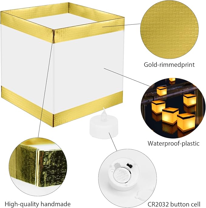 12Pack Reusable Floating Square Lanterns with LED Flameless Candles, Decorative Outdoor Table Lanterns for Weeding, Lawn, Pool, Wishing