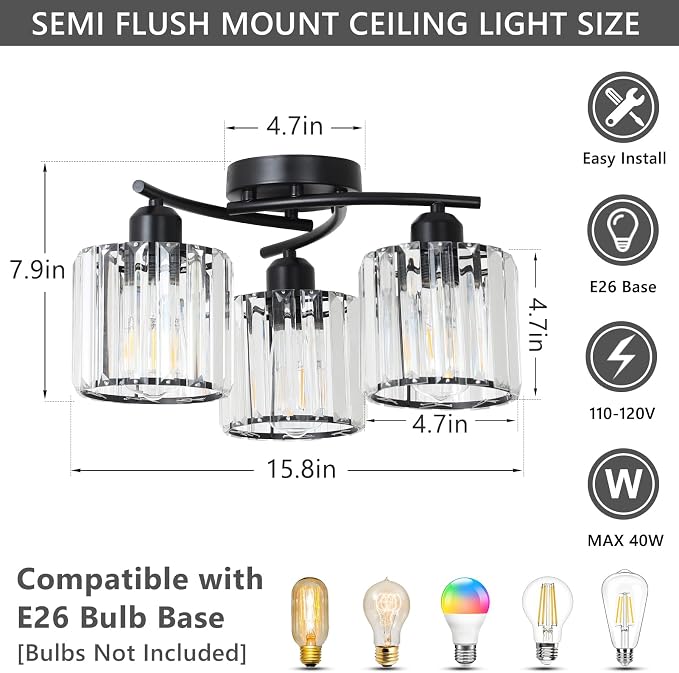 Crystal Semi Flush Mount Ceiling Light,3-Light Black Close to Ceiling Light Fixtures,Kitchen Light Fixture with Clear Crystal Shades,Hallway Light Fixtures for Kitchen Entryway Bedroom Bathroom