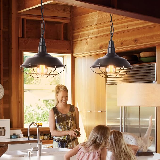 Black Farmhouse Pendant Light - 2 Pack Industrial Vintage Hanging Light Fixtures Metal Wire Cage Pendant Lighting with Adjustable Chain for Kitchen Barn Hallway Porch Dining Room