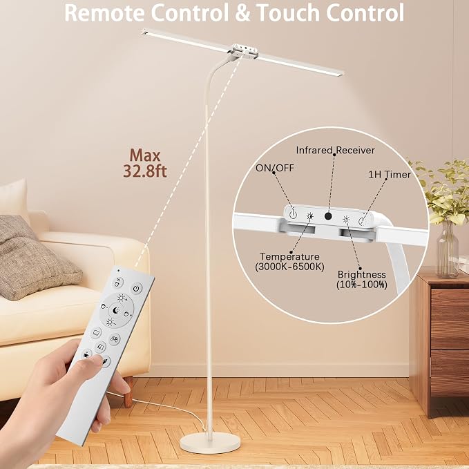 LED Floor Lamp, 24W Dual Head Dimmable Standing Lamp with Remote & Touch Control, Adjustable Gooseneck, 3000K-6500K Modern Reading Lamp for Living Room, Bedroom, Office & Crafts