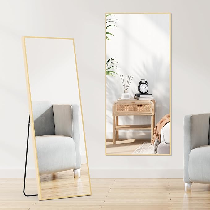 DUMOS Full Length Mirror 64"x21" Full Body Floor Mirror for Bedroom or Cloakroom, Can Stand Alone, Hang or Lean Against Wall, Tall Wall Mirrors with Stand, Gold