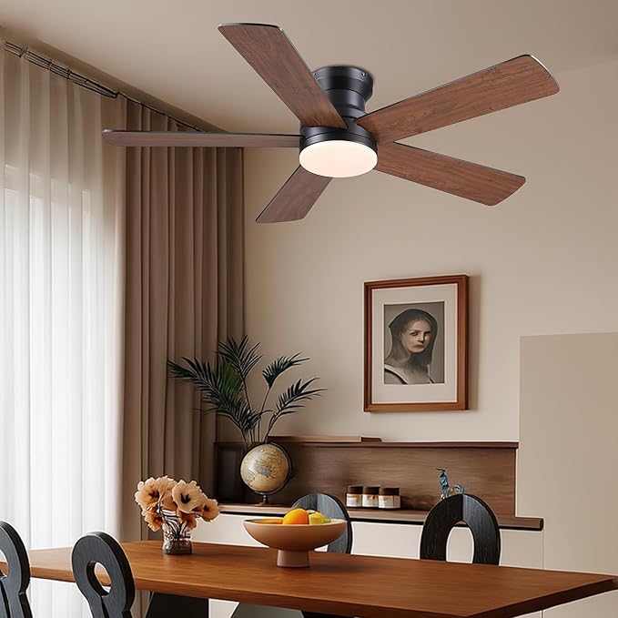Flush Mount Ceiling Fan with Light and Remote/APP - 48" Low Profile Ceiling Fan with 3CCT Dimmable, 5 Reversible Blades, Modern Indoor Fan Light Fixtures for Bedroom, Kitchen