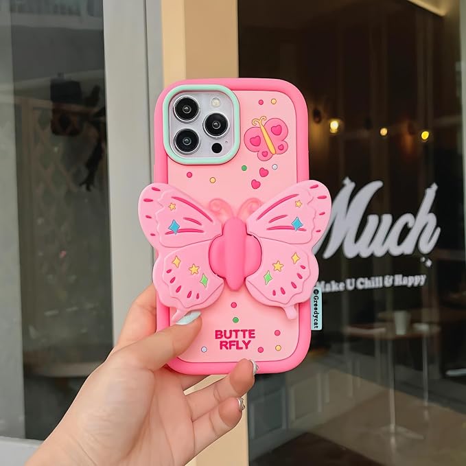 Kawaii Phone Case for iPhone 12 with Kickstand 3D Cute Sweet Butterfly Silicone Protective Case Cover for Women & Girl