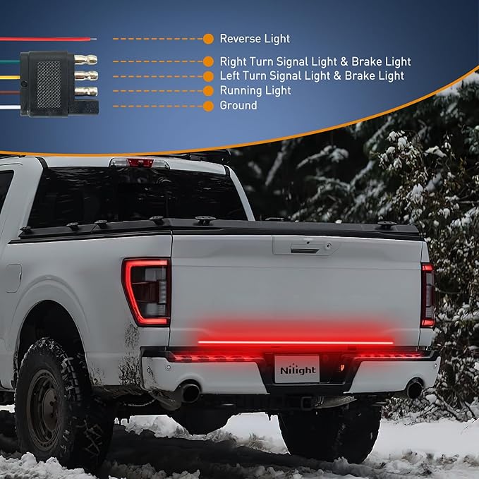 Nilight Truck Tailgate Light Strip 48" Quad Row 528 LED Strip with Red Running Brake Lights White Reverse Lamp Amber Turn Signals Lights