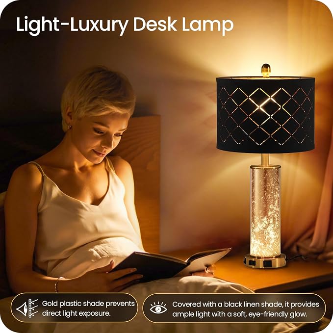 25.6" Black Table Lamps Set of 2, Tall Bedside Lamps with Nightlight, Modern Nightstand Lamp with USB Ports, Desk Lamp for Bedroom, Living Room, Office, LED Bulbs Included B01TL05