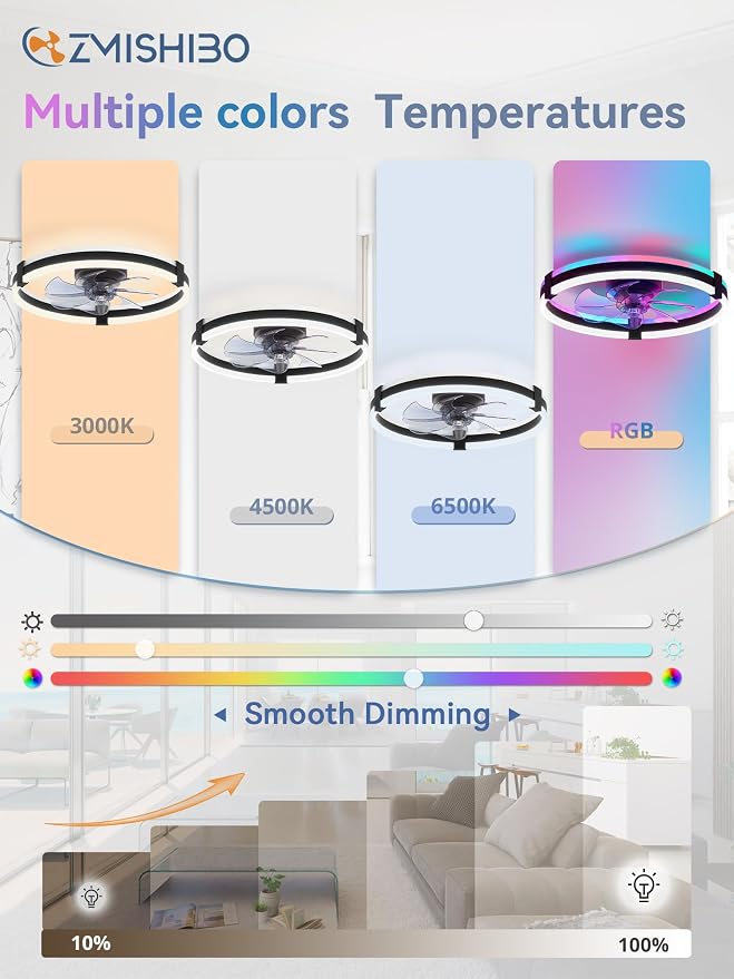 ZMISHIBO 20" RGB Low Profile Ceiling Fans with Lights and Remote, Black | Custom RGB+3CCT Dimmable, 6 Speeds, Remote/App Control, Reversible DC Motor, Memory, Timer, Modern Fandelier for Kids/Bedroom