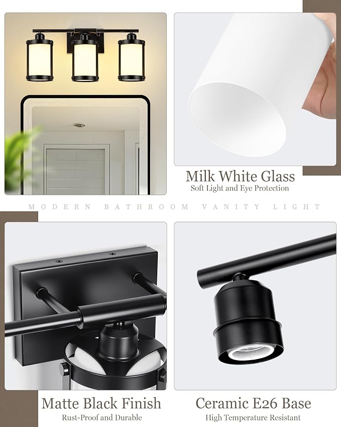 3-Light Black Bathroom Light Fixtures with Milk White Frosted Glass, 21" Modern Bathroom Vanity Lighting Fixtures Over Mirror with Metal Cage, Wall Sconce Lights for Bath, E26, OS-3014BKW-3W