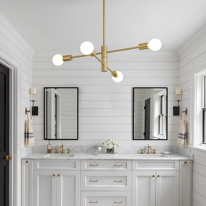 HHR Modern Sputnik Chandeliers, 4-Light Mid Century Modern Light Fixture, E26 Bedroom Chandelier Ceiling Light, Height Adjustable Hanging Pendant Lighting for Entryway Foyer Kitchen Island - Gold
