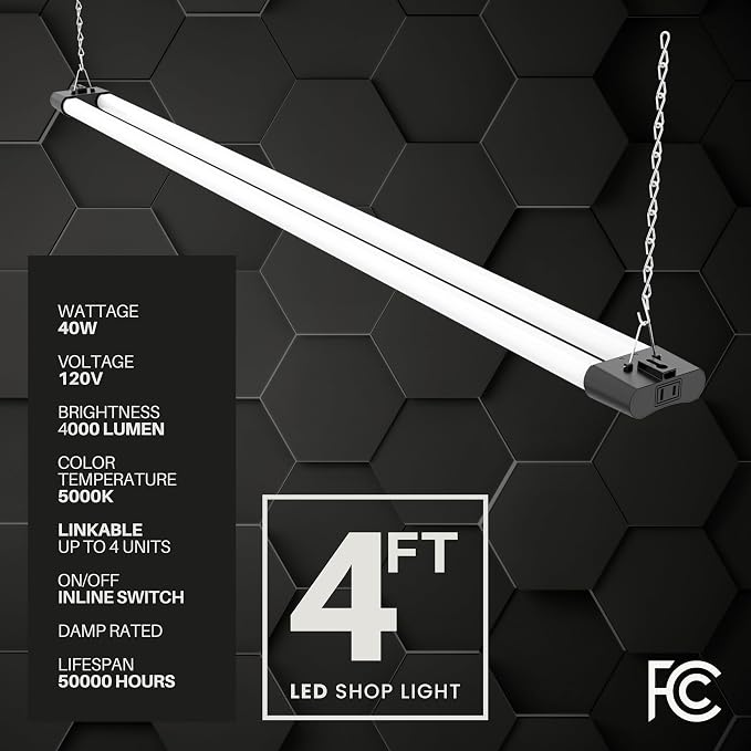 Quarterback 8-Pack 4FT 40W LED Shop Light with Inline Switch Dual Tube Lightweight Daylight White 5000K Surface or Suspension Mount for Garage Workshop Basement