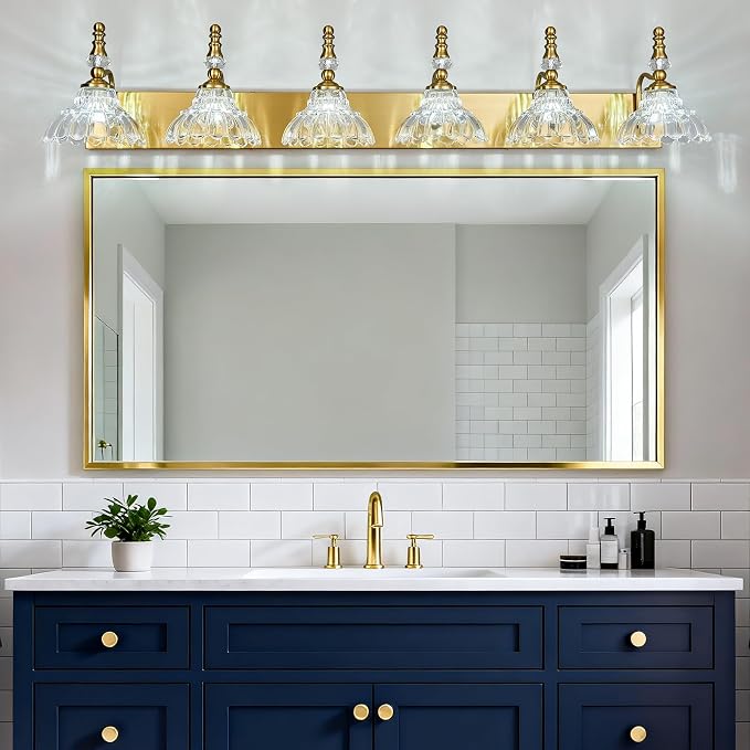 Vintage Bathroom Vanity Light, 6-Light Gold Vanity Lighting Fixture with Flower Glass Shade, Bathroom Lighting Fixtures Over Mirror