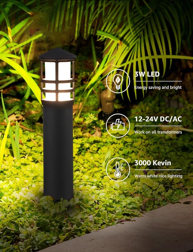 SUNVIE 8-Pack 3W LED Low Voltage Bollard Landscape Pathway Lights, Black | IP65 Waterproof, 3000K Warm White, 12-24V AC/DC, Aluminum, Outdoor Landscape Lighting for Walkway Garden Yard, with Connector