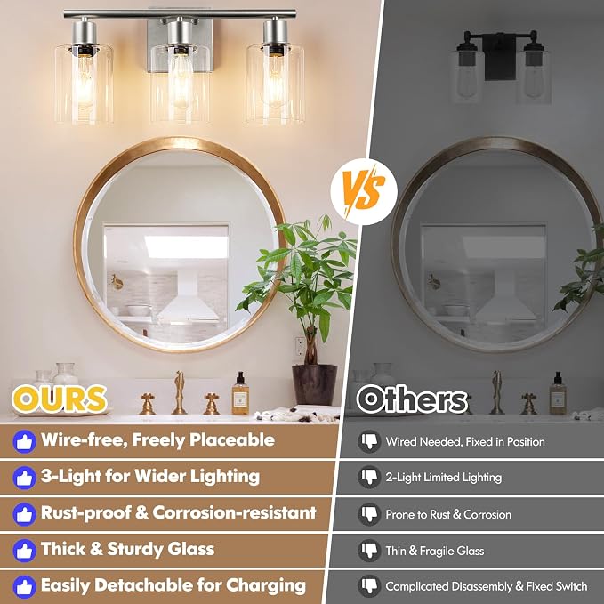 Battery Operated Wall Sconce, 3-Light Dimmable Rechargeable Vanity Light Fixture with Remote & Bulbs, 3-Light Silver Wireless Indoor Non-Hardwired Wall Lamp for Bedroom, Living Room, Cabinet, Porch