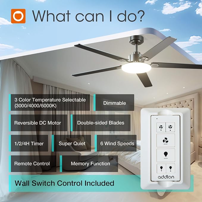 addlon 60 Inch Ceiling Fans with Lights and Remote Control, Wall Switch | Reversible DC motor, 6-speed, Timer, 3CCT Dimmable, Quiet, Black Ceiling Fan for Bedroom, Living Room, Indoor/Outdoor Use
