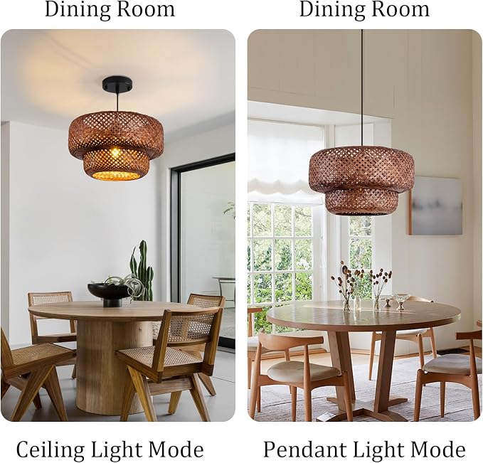 TeruTeru Ji Kaikang Bamboo Pendant Light,13.8" Brown Rattan Hanging Light | Boho Curry Bamboo Rattan Pendant Lights,Hand Woven Rattan Chandelier for Kitchen Island Dining Bedroom Living Room