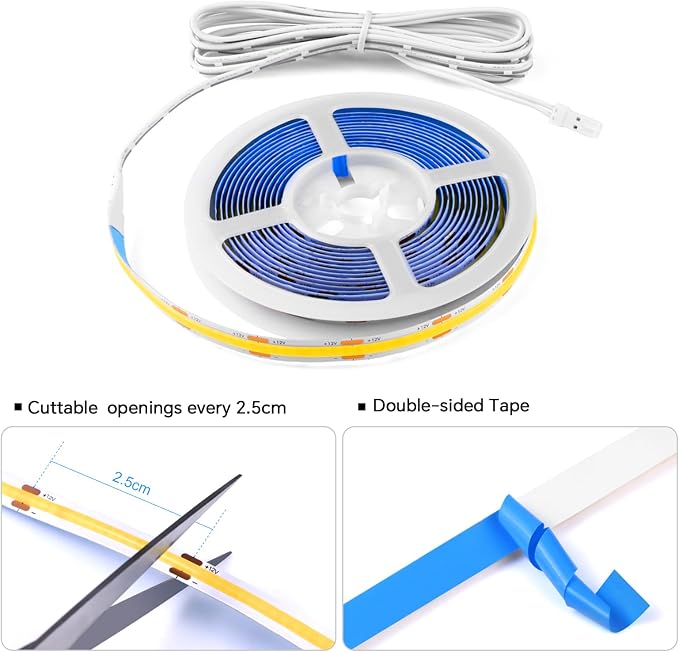 LED Shelf Light 12V,6.56Ft 6-in-1Dimmable Cuttable COB LED Strip Lights,with 60W Adpter Cabinet Light 4000K for Bookshelf, Display Cabinet, Closet, Kitchen and Pantry