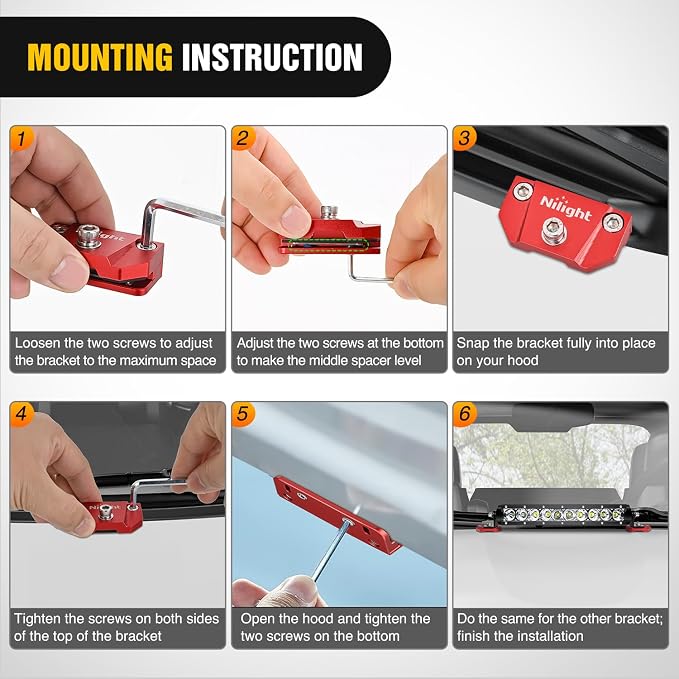 Nilight LED Light Bar Mounting Bracket 2PCS Universal Hood Pods Clamp, Red | No Drilling, Adjustable Aluminum Mount Holder, Mount 4x4 Off-Road Fog Work A-Pillar Lamp on Truck SUV Pickup Van