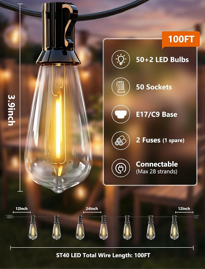Oviejo 100FT LED Outdoor String Lights,Waterproof Edison String Lights with 52 ST40 LED Bulbs,E17 Base, for Deck,Outside,Backyard,House,Indoor/Outdoor Decor