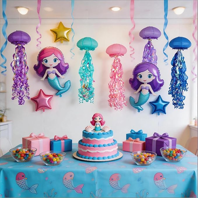 Jellyfish Paper Lanterns with LED Lights Set of 6, Multicolor Oval Hanging Floating Decorations for Under The Sea Party Mermaid Birthday Ocean Classroom Beach Room Aesthetic