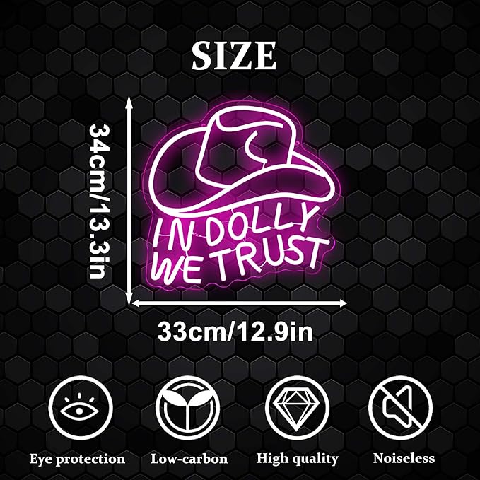 In Dolly We Trust Neon Sign, Pink Cowgirl Hat LED Signs, Country Retro Style Western Wall Art, USB Powered for Teen Bedroom Man Cave Party Aesthetic Christmas Birthday Gift(12.9 * 13.3in)