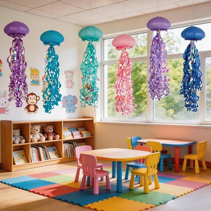 Jellyfish Paper Lanterns with LED Lights Set of 6, Multicolor Oval Hanging Floating Decorations for Under The Sea Party Mermaid Birthday Ocean Classroom Beach Room Aesthetic