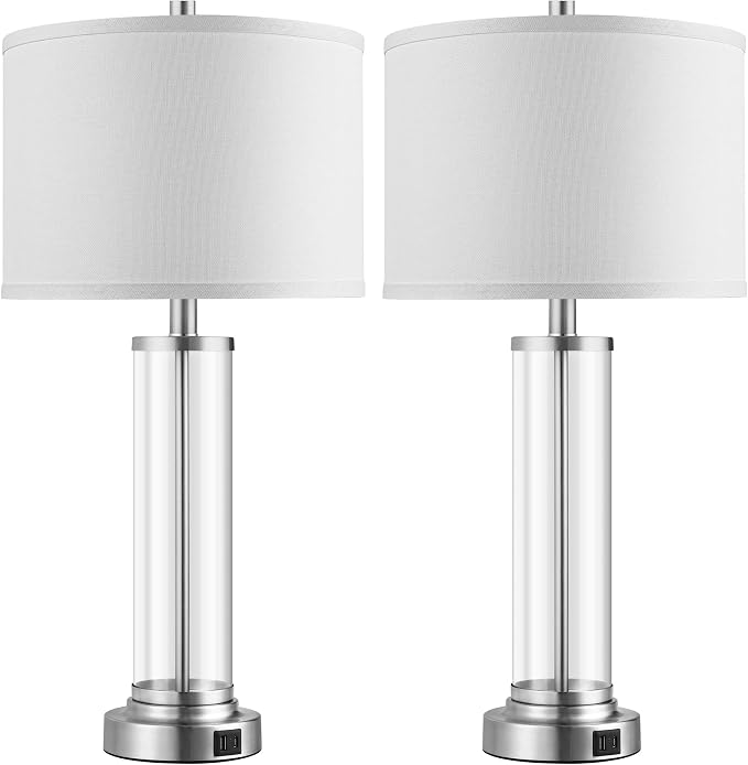 QiMH Touch Control Table Lamps Set of 2 with USB A+C Ports, 3-Way Dimmable Bedside Lamp for Living Room Bedroom House, Modern Nightstand Lamp with 2 LED Bulbs | 2 Dimmable LED Bulbs, USB A+C Charging Ports, Modern Silver Glass Lampshade, Seamless Dimmi...