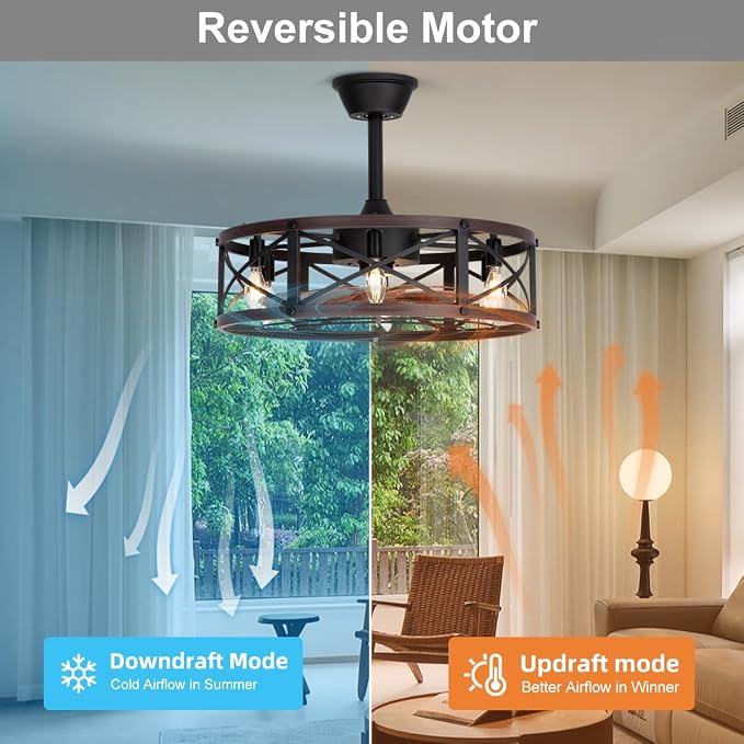 SHLUCE 22 Inch Farmhouse Caged Ceiling Fan with Light, Brown, ETL Listed | Rustic Fandelier Design, Remote Controlled, Quiet Operation, Energy Efficient, Ideal for Kitchen & Bedroom Indoor Use