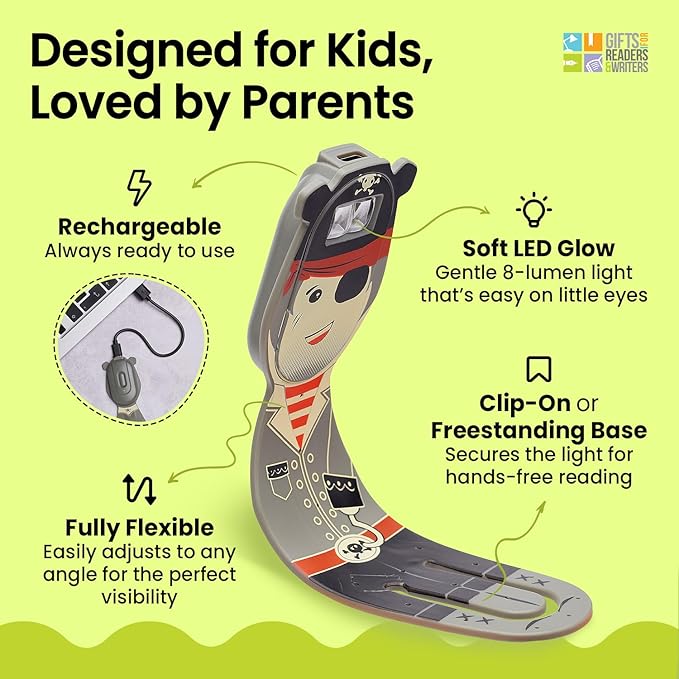 Gifts for Readers & Writers Rechargeable Book Light for Kids, Clip On Reading Light for Bed, 2in1 Flexilight Pals & Bookmark, 12 Hours of Light Once Charged, Includes USB Cable & 2 LED Lights, Pirate