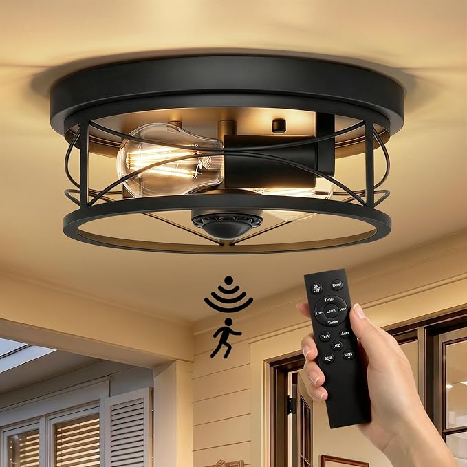 Dusk to Dawn Flush Mount Ceiling Light Fixtures, Motion Sensor for Porch | 2-Light Flush Mount Porch Light, 10in Black Ceiling Mount, Industrial Exterior Light Fixture for Farmhouse Entryway Foyer