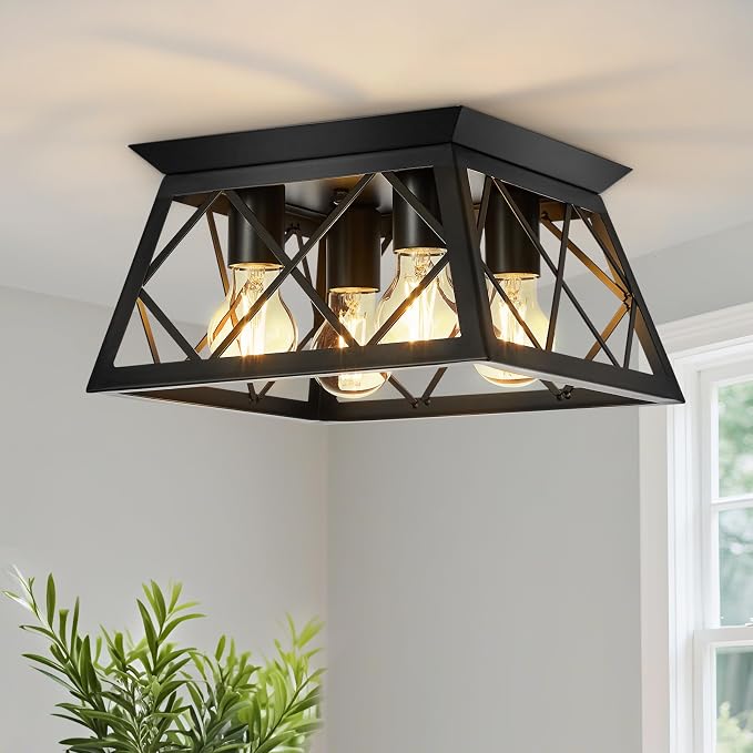 Ceiling Light,4-Light Flush Mount Ceiling Light,Farmhouse Square Light Fixtures Ceiling Mount,Modern Black Ceiling Light Fixture,Kitchen Lighting Fixtures Ceiling,Light Fixture For Bedroom,Hallway | Modern Black Ceiling Light Fixture,Light Fixtures Cei...