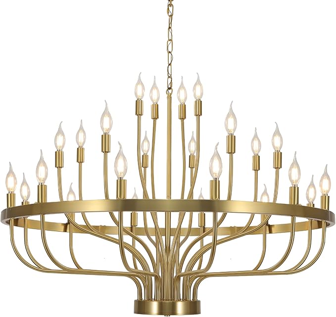 Gold Chandelier 24 Light Large Chandelier for High Ceilings, Farmhouse Wagon Wheel 39in 3-Tier for Dining Room, Hallway, Living Room, Foyer