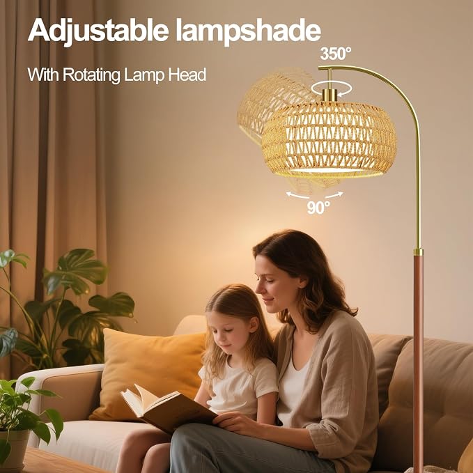 Wood Arc Floor Lamps for Living Room,Boho Rattan Floor Lamp with Remote Control & 3 Color Temperatures,Dimmable Mid Century Modern Standing Lamp Farmhouse Vintage Tall Floor Lamp For Bedroom Corner