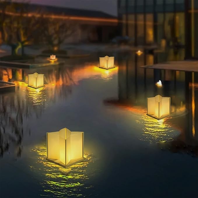 10 Pack 6" Star Shaped Floating Lanterns with Waterproof Wooden Base Sets, Paper Water Lanterns Decoration with LED Tealight Candle (10Sets Lanterns+Flameless LED Candles)