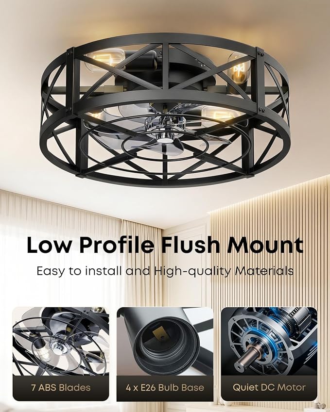 Caged Ceiling Fan with Light and Remote, 20" Low Profile Flush Mount Ceiling Fans with Light, 6 Speed, Timing, Reversible DC Motor, Small Farmhouse Fan Lights for Bedroon Kitchen Living Dining Room
