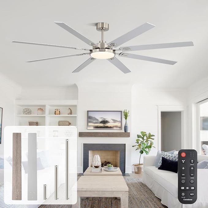 80 Inch Ceiling Fans with Lights and Remote, Bedroom Living Room Office Library Cafe Outdoor Industrial, 5CCT Dimmable, Dual Color 8 Blades, 6 Speed Reversible Quiet DC Motor, Sand-nickel/Wood Grain