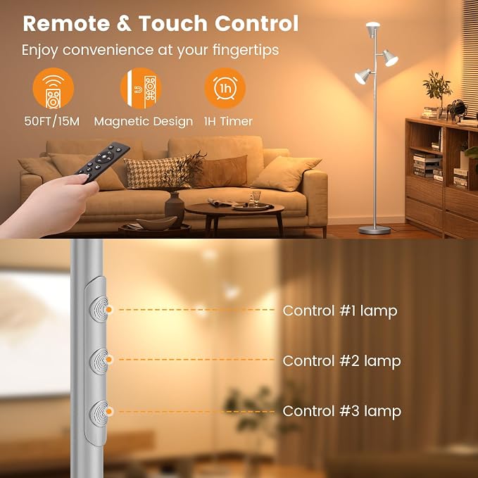 36W LED Tree Floor Lamp, Dimmable Tall Standing Lamp with Remote & Touch Control, 4 Color Temperatures Bright Floor Lamp, 3 Rotatable Light Modern Floor Lamps for Living Room Bedroom Office